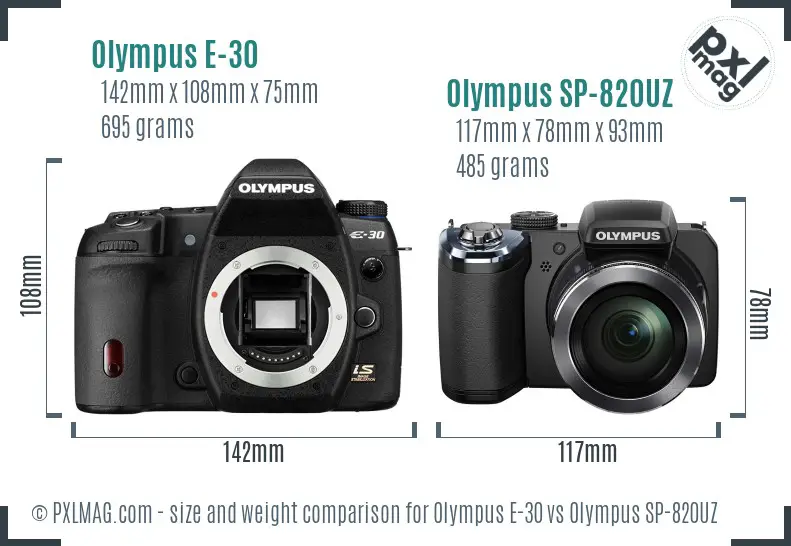 Olympus E-30 vs Olympus SP-820UZ size comparison