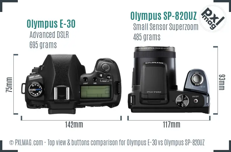 Olympus E-30 vs Olympus SP-820UZ top view buttons comparison