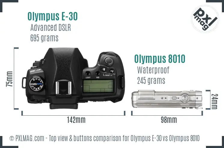Olympus E-30 vs Olympus 8010 top view buttons comparison