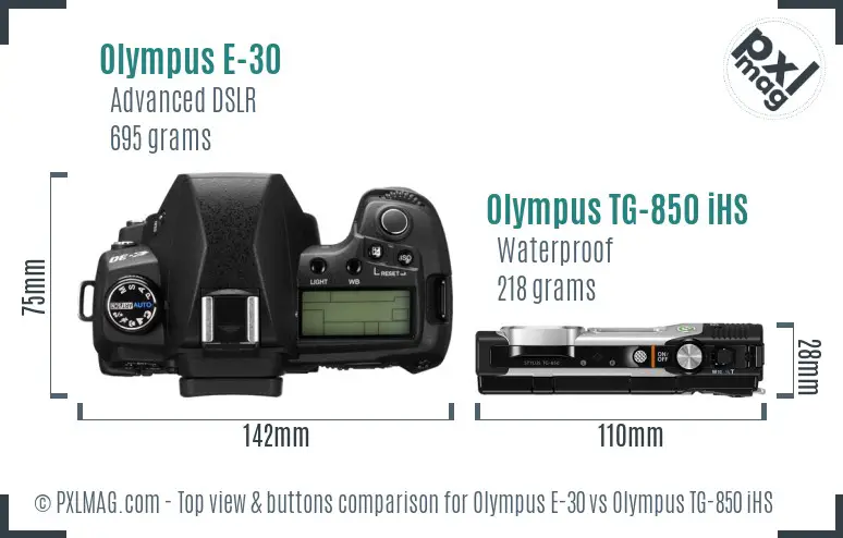 Olympus E-30 vs Olympus TG-850 iHS top view buttons comparison
