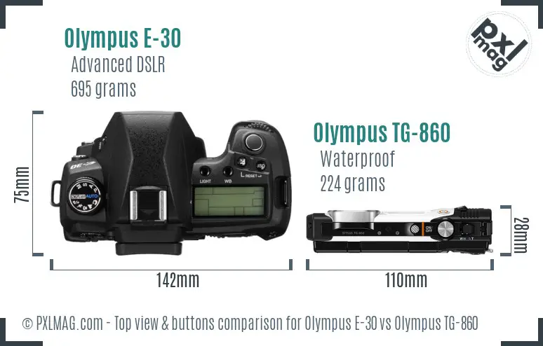 Olympus E-30 vs Olympus TG-860 top view buttons comparison
