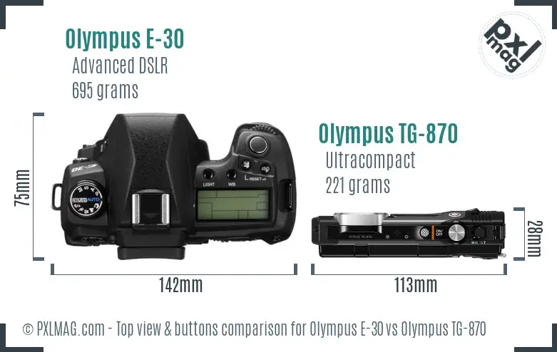 Olympus E-30 vs Olympus TG-870 top view buttons comparison