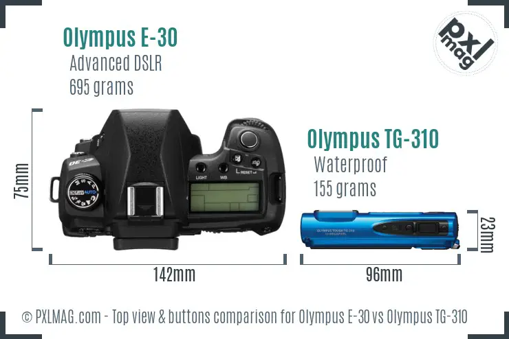 Olympus E-30 vs Olympus TG-310 top view buttons comparison