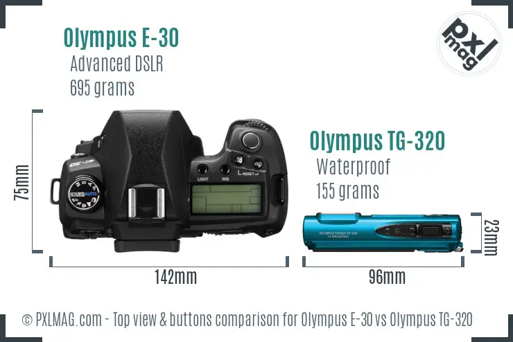 Olympus E-30 vs Olympus TG-320 top view buttons comparison