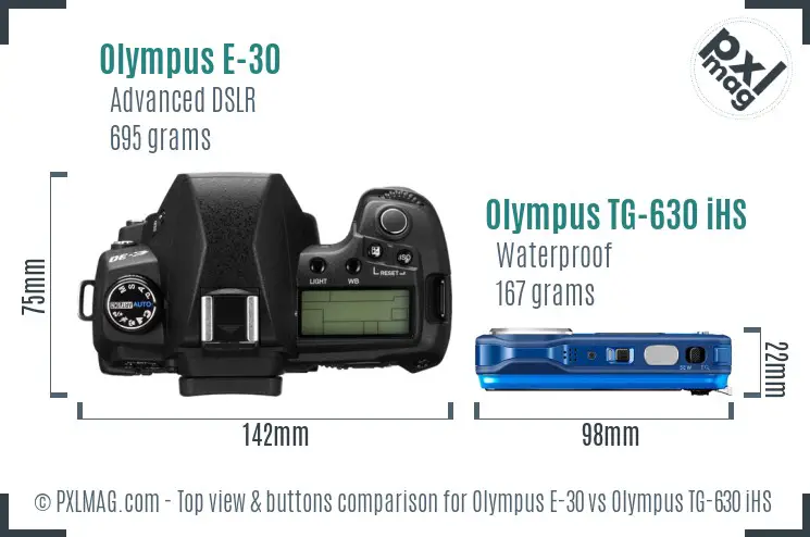 Olympus E-30 vs Olympus TG-630 iHS top view buttons comparison