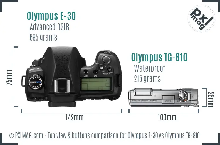 Olympus E-30 vs Olympus TG-810 top view buttons comparison