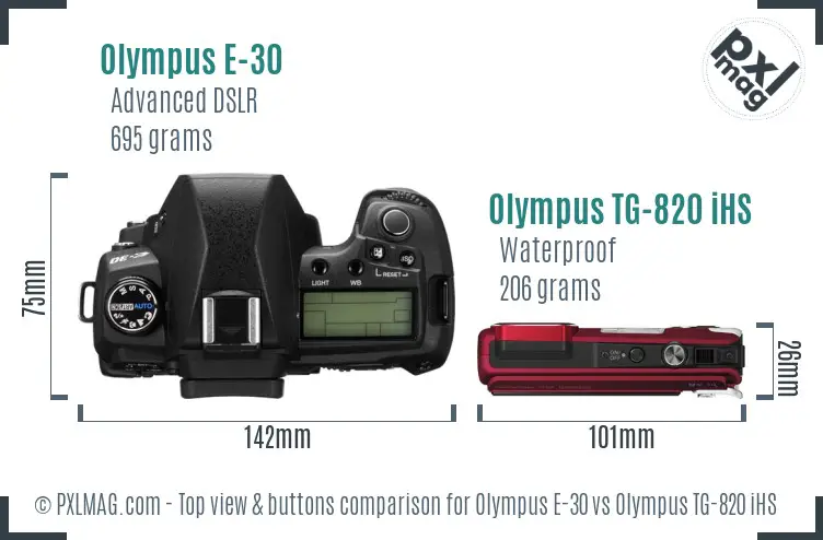 Olympus E-30 vs Olympus TG-820 iHS top view buttons comparison