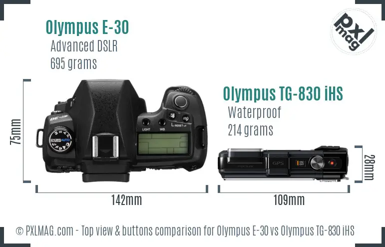 Olympus E-30 vs Olympus TG-830 iHS top view buttons comparison