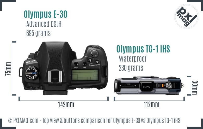 Olympus E-30 vs Olympus TG-1 iHS top view buttons comparison