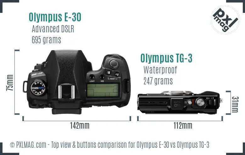 Olympus E-30 vs Olympus TG-3 top view buttons comparison