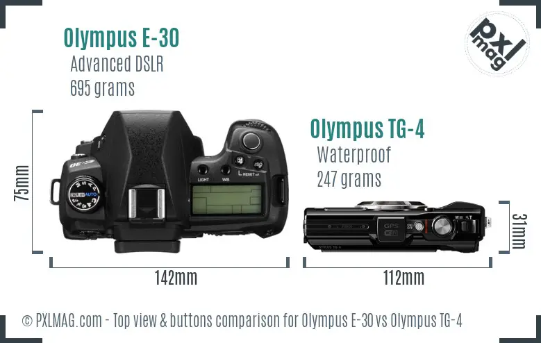 Olympus E-30 vs Olympus TG-4 top view buttons comparison