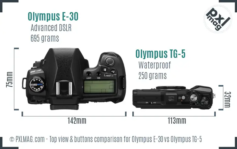Olympus E-30 vs Olympus TG-5 top view buttons comparison