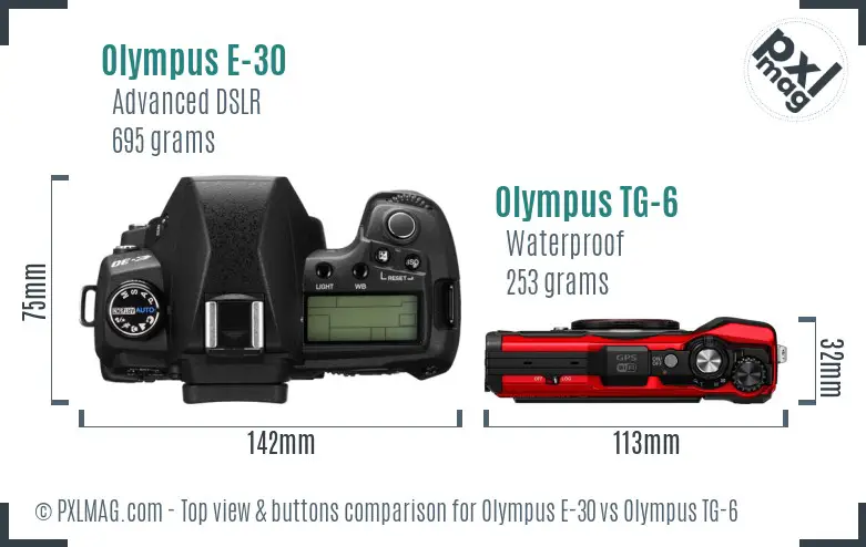 Olympus E-30 vs Olympus TG-6 top view buttons comparison