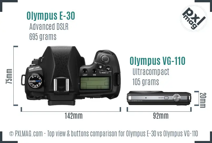 Olympus E-30 vs Olympus VG-110 top view buttons comparison
