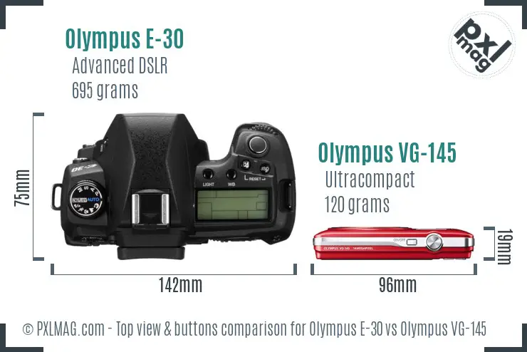 Olympus E-30 vs Olympus VG-145 top view buttons comparison