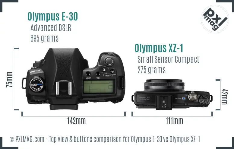 Olympus E-30 vs Olympus XZ-1 top view buttons comparison