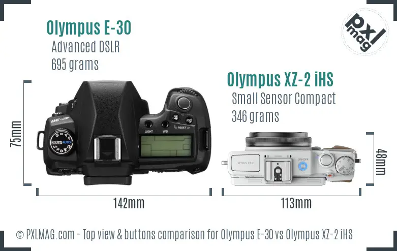 Olympus E-30 vs Olympus XZ-2 iHS top view buttons comparison