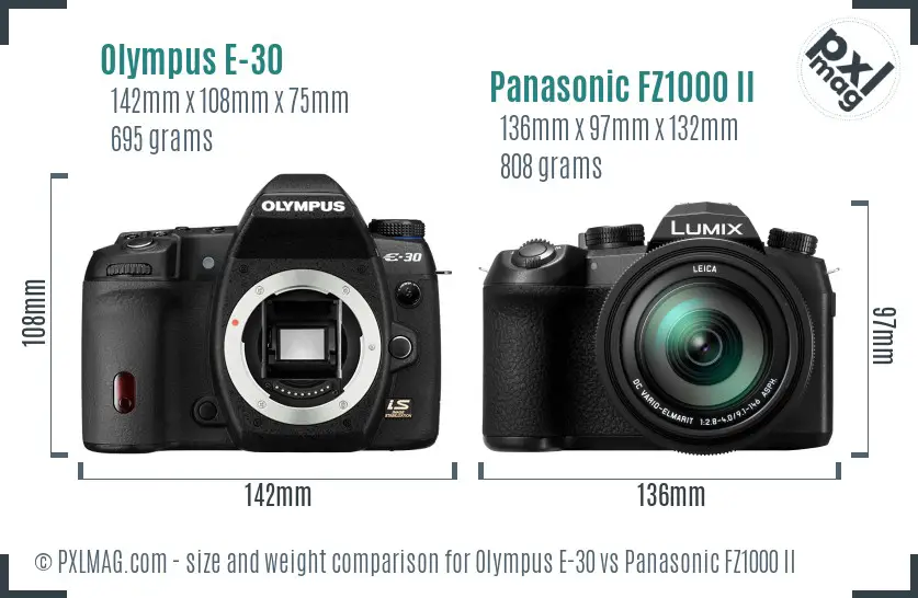 Olympus E-30 vs Panasonic FZ1000 II size comparison