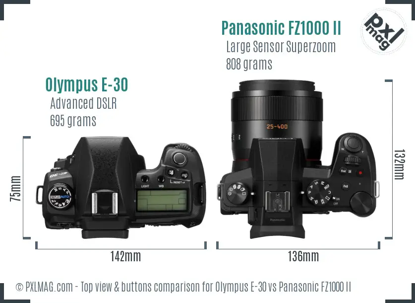 Olympus E-30 vs Panasonic FZ1000 II top view buttons comparison