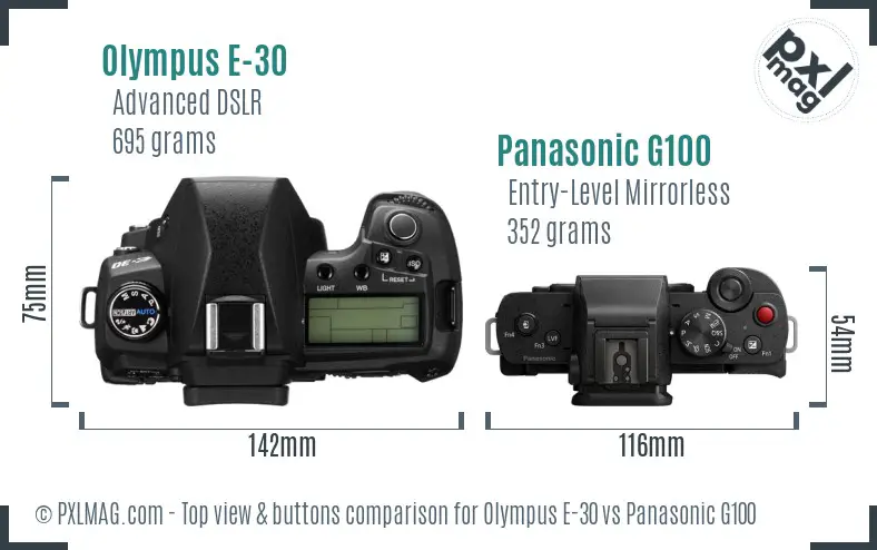 Olympus E-30 vs Panasonic G100 top view buttons comparison