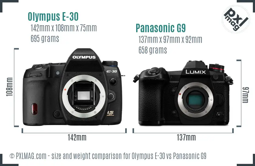Olympus E-30 vs Panasonic G9 size comparison
