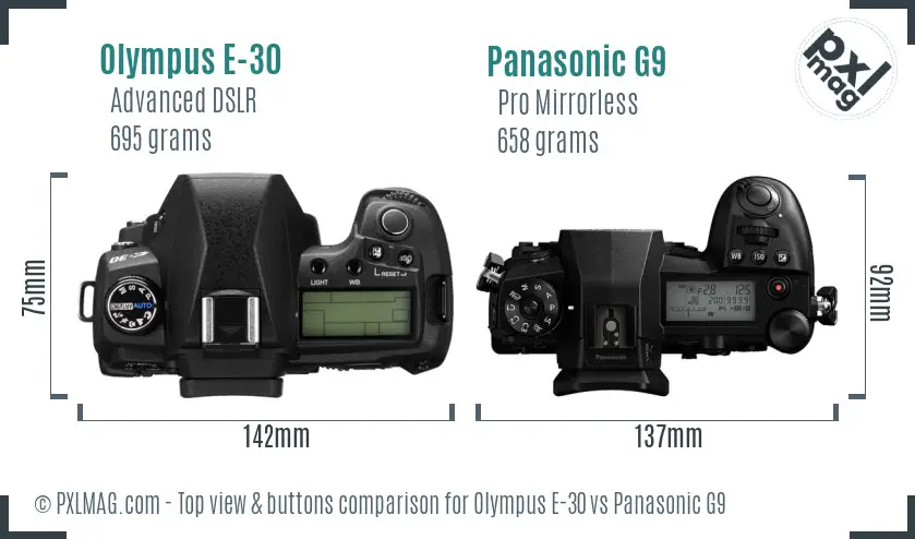 Olympus E-30 vs Panasonic G9 top view buttons comparison
