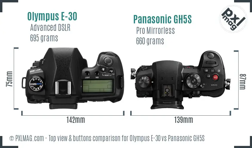 Olympus E-30 vs Panasonic GH5S top view buttons comparison