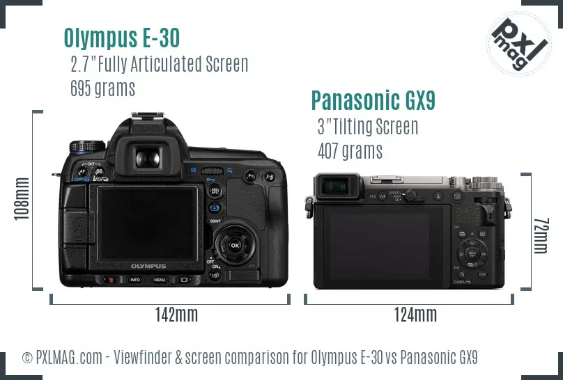 Olympus E-30 vs Panasonic GX9 Screen and Viewfinder comparison