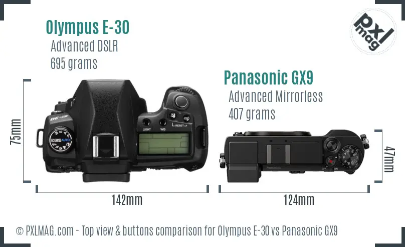Olympus E-30 vs Panasonic GX9 top view buttons comparison