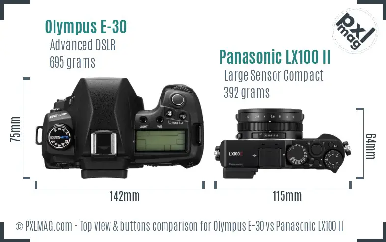 Olympus E-30 vs Panasonic LX100 II top view buttons comparison