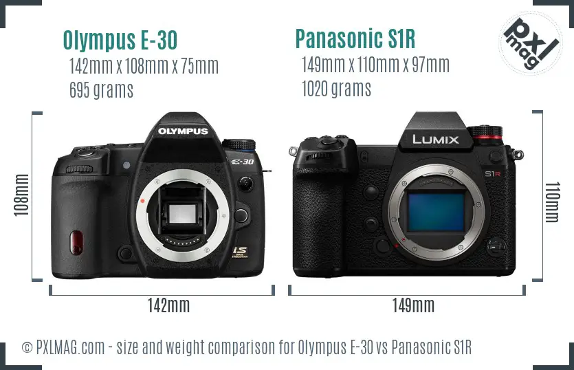 Olympus E-30 vs Panasonic S1R size comparison