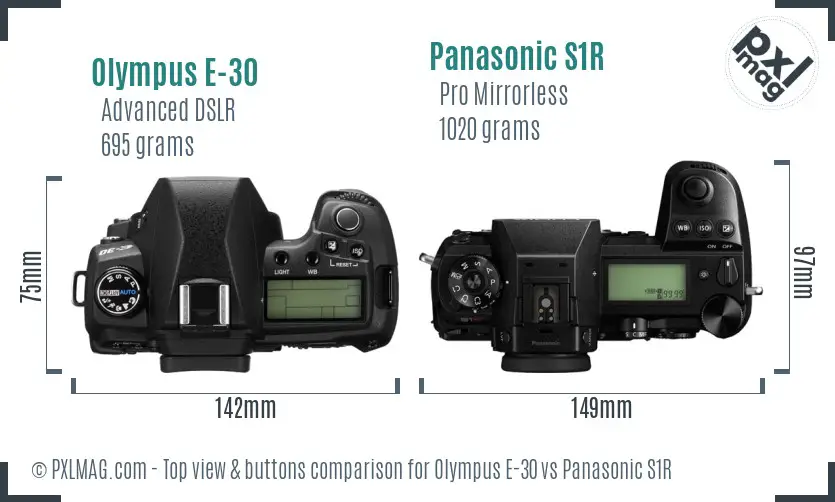 Olympus E-30 vs Panasonic S1R top view buttons comparison