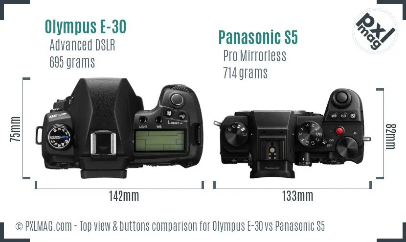Olympus E-30 vs Panasonic S5 top view buttons comparison