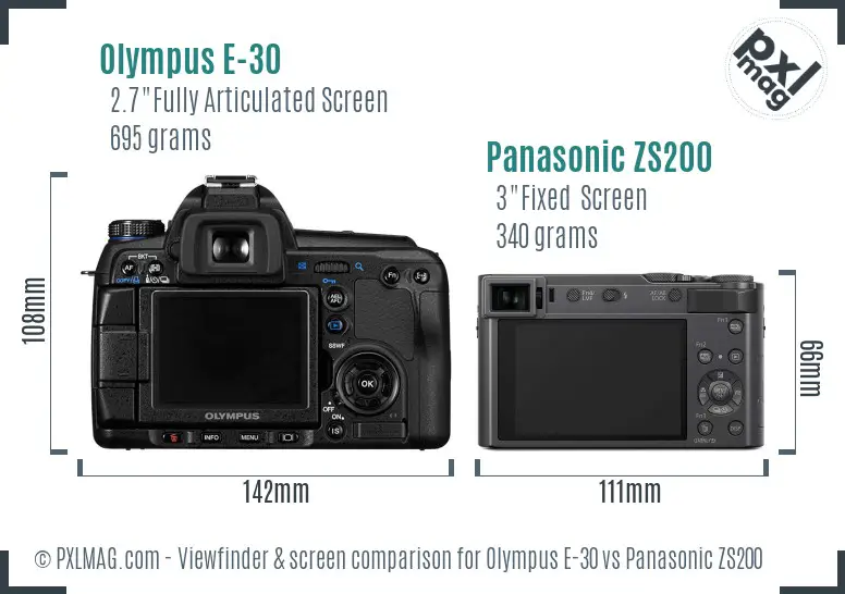 Olympus E-30 vs Panasonic ZS200 Screen and Viewfinder comparison