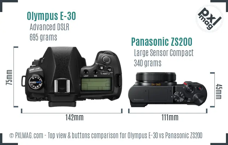 Olympus E-30 vs Panasonic ZS200 top view buttons comparison