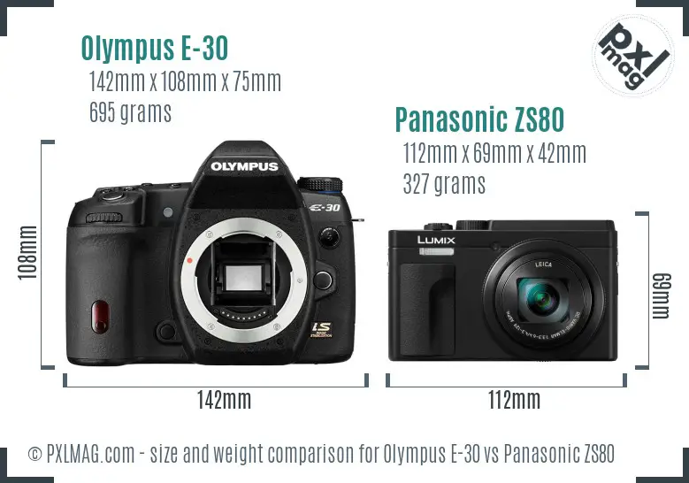 Olympus E-30 vs Panasonic ZS80 size comparison