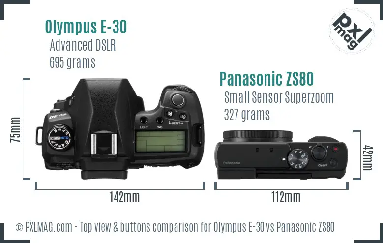 Olympus E-30 vs Panasonic ZS80 top view buttons comparison