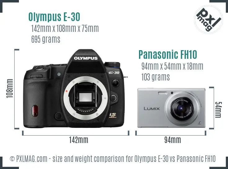 Olympus E-30 vs Panasonic FH10 size comparison