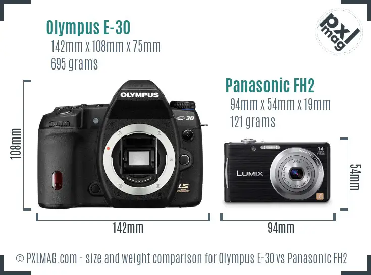 Olympus E-30 vs Panasonic FH2 size comparison