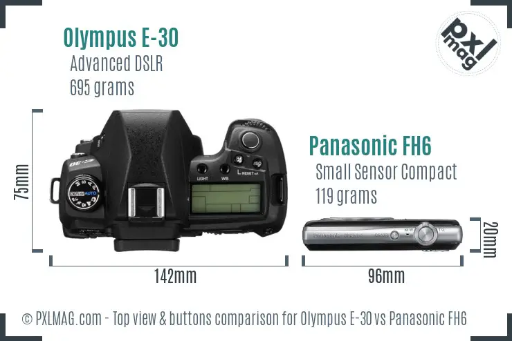 Olympus E-30 vs Panasonic FH6 top view buttons comparison