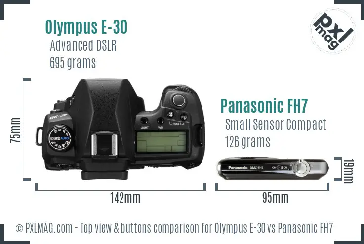 Olympus E-30 vs Panasonic FH7 top view buttons comparison