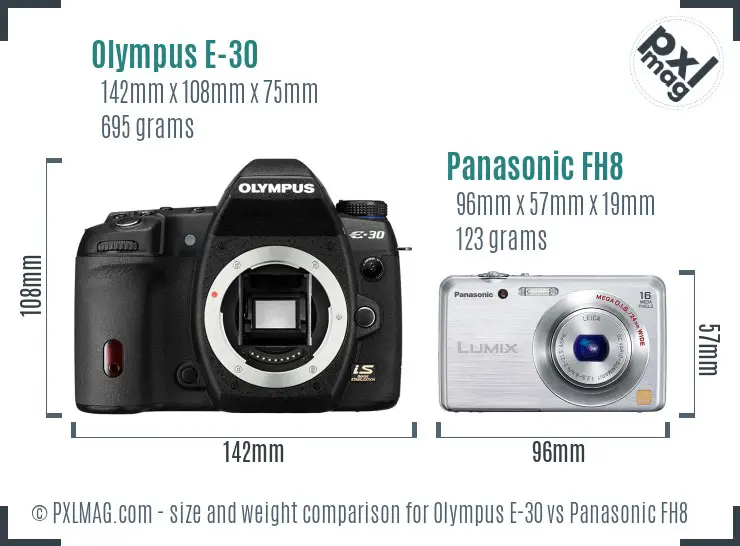 Olympus E-30 vs Panasonic FH8 size comparison