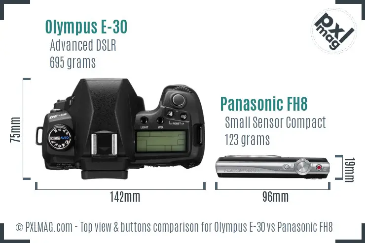 Olympus E-30 vs Panasonic FH8 top view buttons comparison