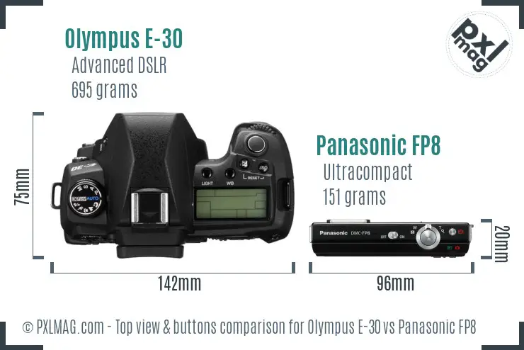 Olympus E-30 vs Panasonic FP8 top view buttons comparison