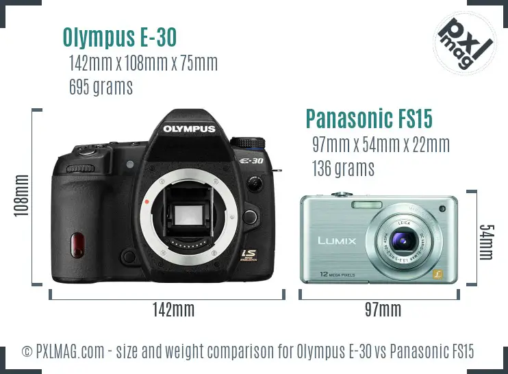 Olympus E-30 vs Panasonic FS15 size comparison