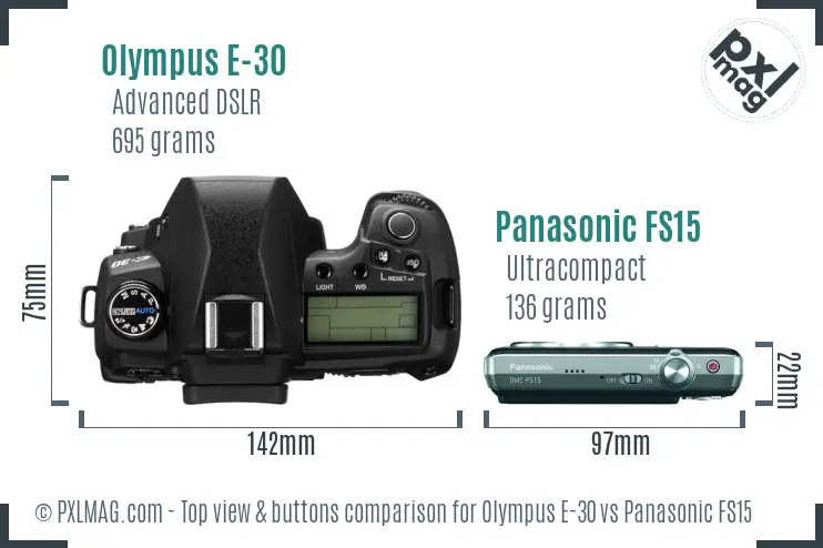 Olympus E-30 vs Panasonic FS15 top view buttons comparison