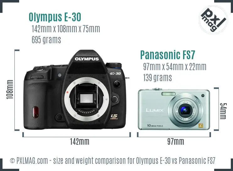 Olympus E-30 vs Panasonic FS7 size comparison