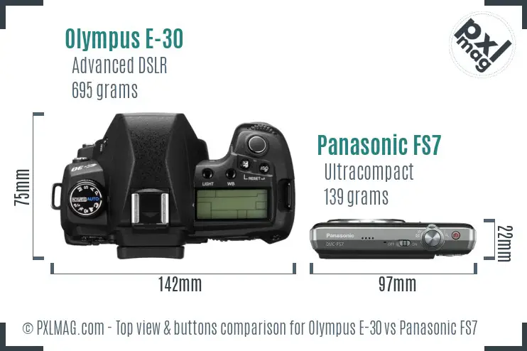 Olympus E-30 vs Panasonic FS7 top view buttons comparison