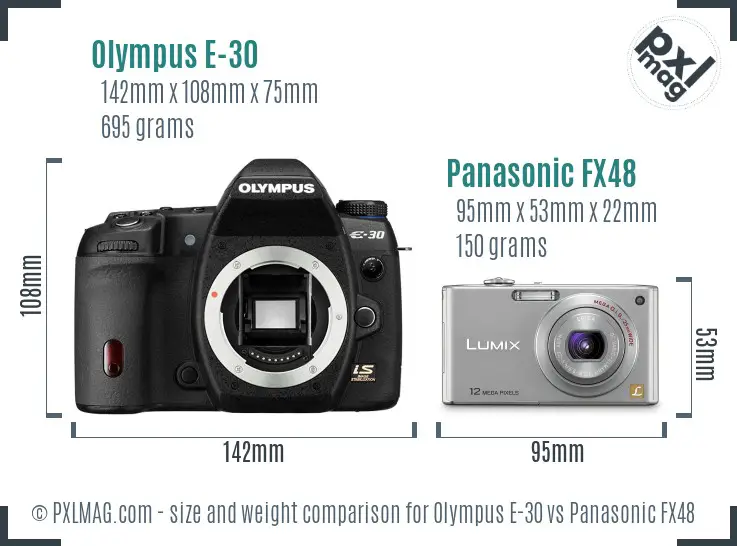 Olympus E-30 vs Panasonic FX48 size comparison
