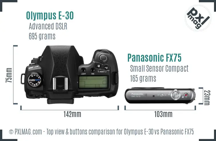 Olympus E-30 vs Panasonic FX75 top view buttons comparison